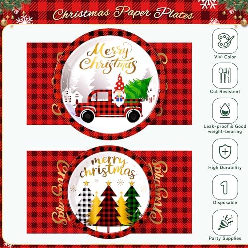 72PCS Christmas Plates and Napkins for Party Decorations, Set of 24 Merry Christmas Disposable Tableware Supplies, Gnome Red Plaid Paper Plates for Christmas in July Party - Image 3