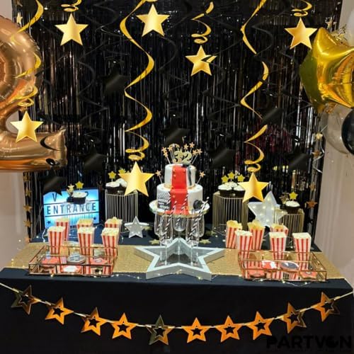 Black Gold Hanging Swirl Decorations - 32 Pcs Metallic Ceiling Swirls with Foil Stars, Plastic Streamers for Graduation 2026, Birthday, Wedding, New Year's Eve, Engagement Party Supplies - Image 7