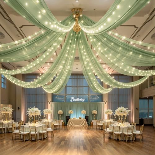 6 Panels Green Ceiling Curtains with Lights for Weddings - 5ftx10ft Wrinkle-Free Tulle Fabric Wedding Arch Draping Ceiling Drapes Decorations for Wedding Party Ceremony Stage Tent Event by Unknown