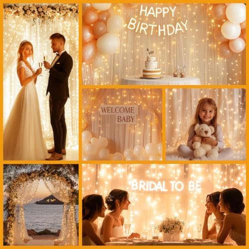 Tulle Curtain Backdrop with 300 LED Fairy Lights for Parities Wrinkle-Free Sheer Curtain Drapes Photo Back Drop for Wedding Baby Shower Bridal Shower Birthday Home Décor-10ft×10ft, Champagne - Image 2