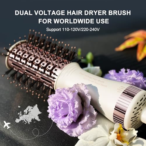 Travel Dual Voltage Hair Dryer Brush 4-IN-1 Portable Mini Hot Air Blow Dryer Straightener & Curler Brush, Titanium Round Blowout Styler Volumizer Tools, 110/240V US/EU/UK Plug for International Travel - Image 2