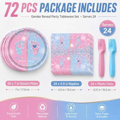 72 Pcs Gender Reveal Plates Napkins and Forks Set, 7 Inch, Serves 24 Guests - Image 2