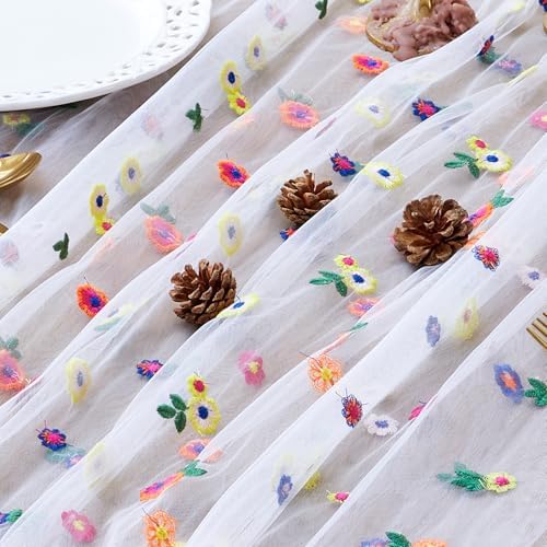 JIALE Ivory Floral Table Runner, Embroidery Daisy Seasonal Table Decorations, 120Inch 10FT 1PC Tulle Fabric for Home Decor, Bridal Shower Wedding, Baby Shower Parties, DIY Craft - Image 3