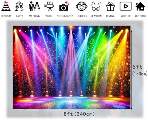 8x6ft Fabric Disco Rainbow Stage 70s 80s 90s Backdrop Vintage Lights Photography Background Rock Music Club Neon Glow Party Decorations Photo Banner 312 - Image 6