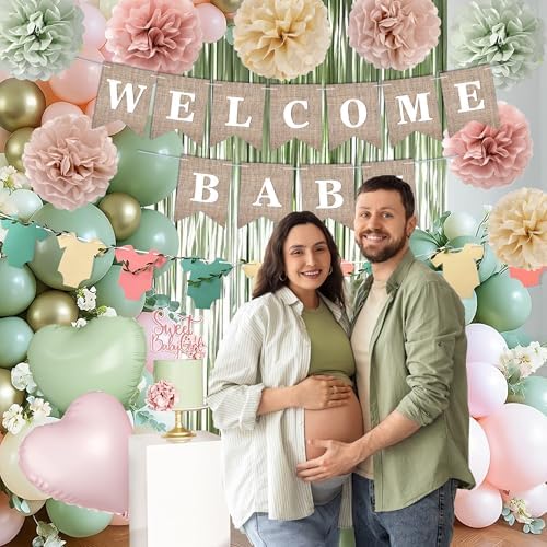 Pink Green Baby Shower Decorations Girls with Welcome Baby Banner, Paper Pom Poms, Sweet-Girl Baby Cake Topper, Retro Olive Pink Metallic Balloon Décor for Easter Jungle Safari Fairy Baby Shower Party - Image 5