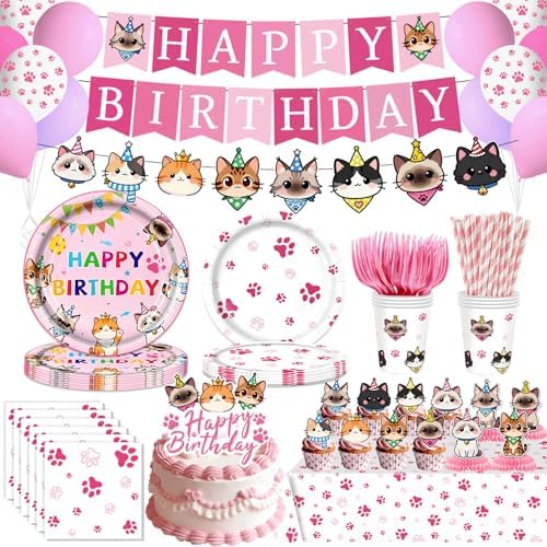 197pcs Cat Birthday Decorations Kit, Cute Cat Themed birthday party decorations with Tableware, Cake Decorations & Hanging Accessories, Serves 24 Guests by Unknown