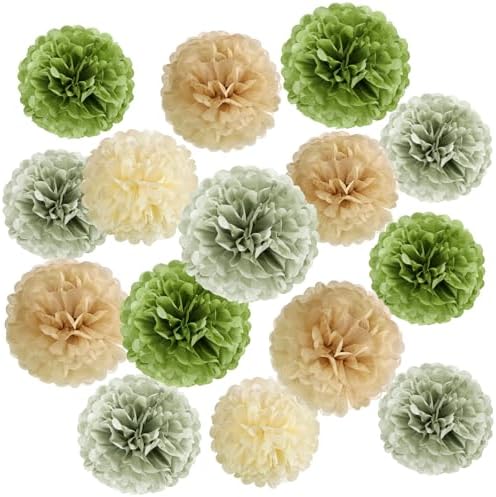 Sage Green Tissue Paper Pom Pom Flowers Decorations 15 PCS Olive Green Paper Flowers for Wall Hanging Backdrop Neutral Baby Shower Wedding Party Supplies Birthday Bridal Decor Table Centerpieces by SUNBEAUTY