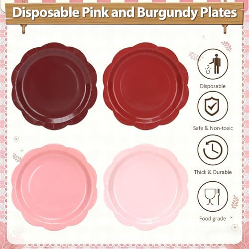 Pink and Burgundy Plates and Napkins Party Supplies, Disposable 9’’ Maroon and Brown Paper Plates and Cups and Napkins Set for Baby Shower, Birthday, Wedding, Christmas Party Decorations, Serves 48 - Image 3