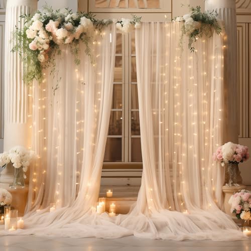 20ft x 10ft Champagne Backdrop Curtain with Lights String for Parties, Sheer Tulle Wedding Photo Backdrops Drapes for Baby Shower Birthday Party Decorations Background for Photography - Image 3
