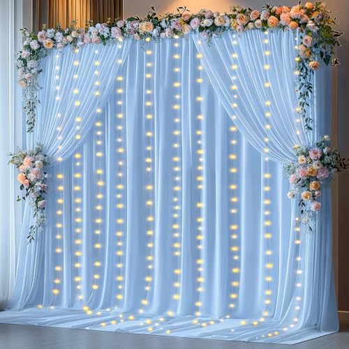 20 x 10ft Baby Blue Backdrop Curtains with Lights String by PartyTalk