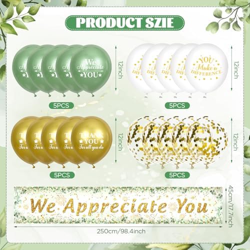 We Appreciate You Decorations Sage Green Appreciate You Banner Yard Sign with 18 Pcs Balloons Thank You for All You Do Banner Employee Staff Gifts Teacher Eucalyptus Leaves Appreciation Party Decor - Image 5