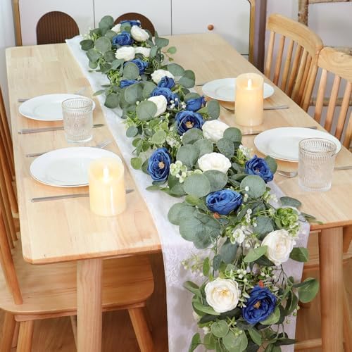 TOCHGREEN 2 Pack Artificial Eucalyptus Flower Garland with White Blue Roses - Image 6