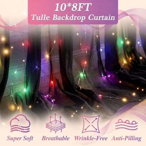 Ledido 10×8ft Black Tulle Backdrop Curtains with RGB Lights, 2 Panels 5×8ft - Image 3