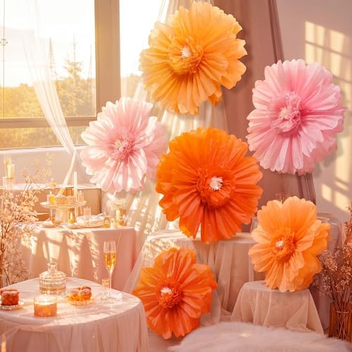 Giegxin 6 Pcs 31.5", 24" Pink Orange Paper Flowers Sunset Party Decor by Giegxin