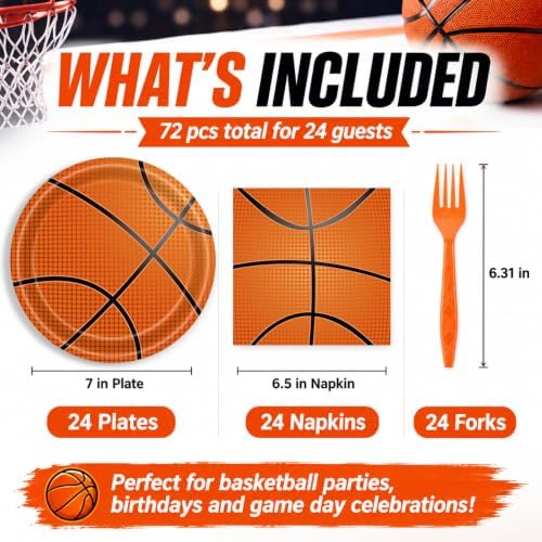 72 Pcs Basketball Plates Napkins and Forks Set, 7 Inch, Serves 24 Guests - Image 2