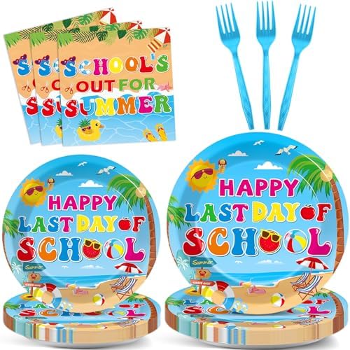 96 Pcs Happy Last Day of School Paper Party Plates and Napkins for Hello Summer Vacation Supplies Summer End of School Year Theme Dessert Tableware Set for 24 Guests Birthday Party Decorations by CHUNNIN