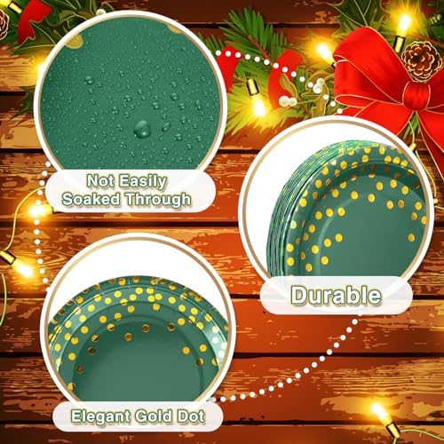 Tegeme 256 Pcs Dark Green and Gold Dot Party Supplies Paper Plates Napkin Tablecloth Set Disposable Cup Fork Knives Spoon Serve 36 Dinnerware for Birthday Wedding Aniversary Baby Shower Decoration - Image 2
