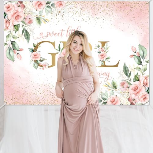 Avezano Girl Baby Shower Backdrop Pink Floral Sweet Baby Baby Shower Banner A Sweet Little Girl is on Her Way Party Decorations Banner (8x6ft) - Image 7