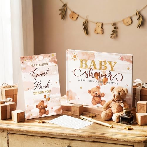 Fuyoooo 27 Pcs Brown Bear Baby Shower Guest Book Gold Pen Photo Corners - Image 2