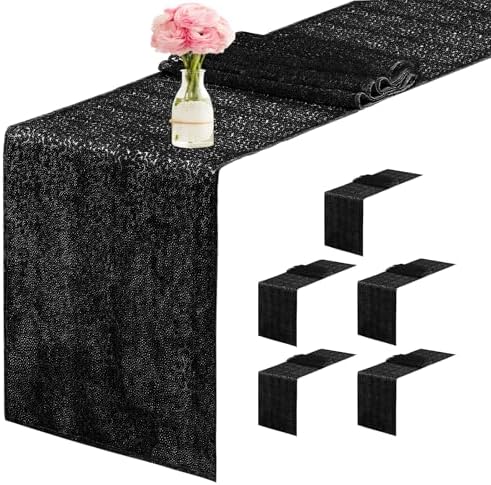 6 Packs 12 x 72 inches Sequin Table Runner, Black Glitter Table Runner for Birthday Party Supplies Wedding Engagement Baby Shower Holiday Celebration Event Decorations by Yblut