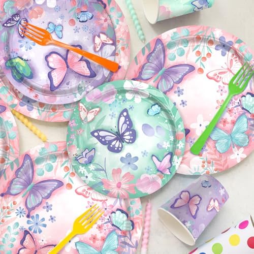 Butterfly Birthday Party Supplies Set - Includes Disposable Plates, Cups, Napkins, Tablecloth, and Banner | Butterfly Party Decorations for Girls Birthday Celebration,Serve 24 - Image 3