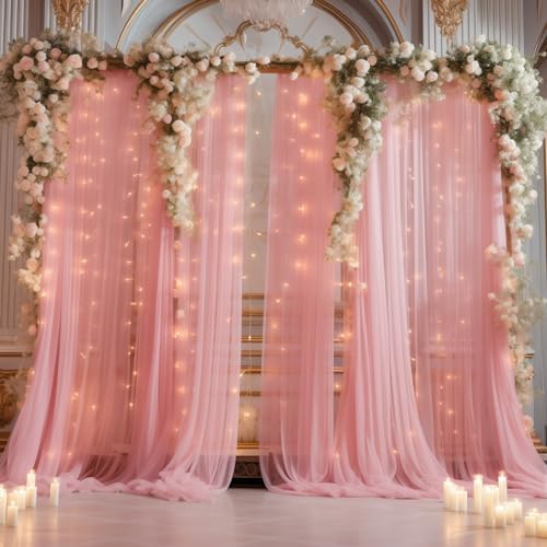 30ft x 10ft Dusty Rose Backdrop Curtain with Lights String for Parties, Sheer Tulle Wedding Photo Backdrops Drapes for Baby Shower Birthday Party Decorations Background for Photography - Image 3