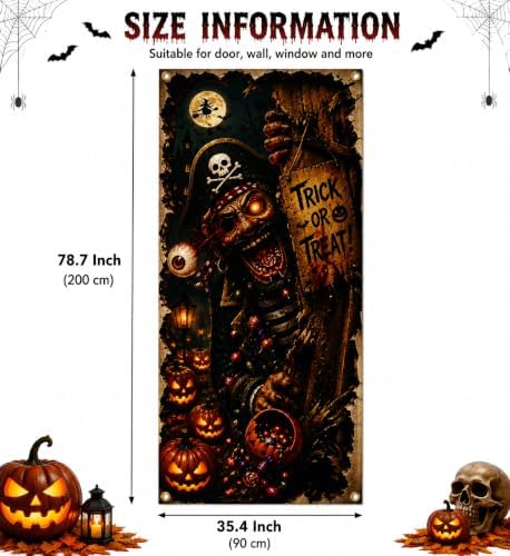 Halloween Pirate Skeleton Door Banner 35.4 x 78.7 Inch Polyester Door Cover, Spooky Skull Entrance Decoration for Front Door Porch Entryway Haunted House Seasonal Home Decor - Image 2