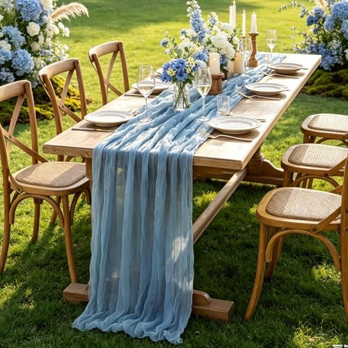 3Pcs Blue Table Runner, 10FT Boho Dust Blue Cheesecloth Table Runners 35*120inch for Wedding Bridal Shower Baby Shower Table Centerpiece Decorations - Image 6