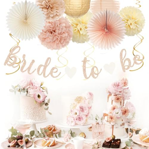 Champagne-Gold Beige Fall Bridal-Shower Party-Decorations - 36pcs Bride To Be Banner,Bachelorette Paper Lanterns,Wedding Streamers Garland,Boho Peach Tissue Pom Poms Flower Fan Decor Supplies Burgleda - Image 5