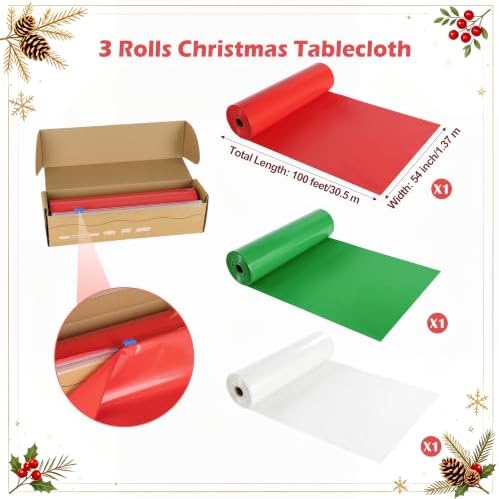3 Roll 100FT x 54IN Christmas Plastic Tablecloth Roll with Slide Cutter Box - Image 7