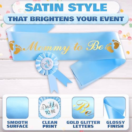 Mom to Be Sash and Dad to Be Pin 2 Pcs Baby Shower Decorations Boy Blue - Image 3