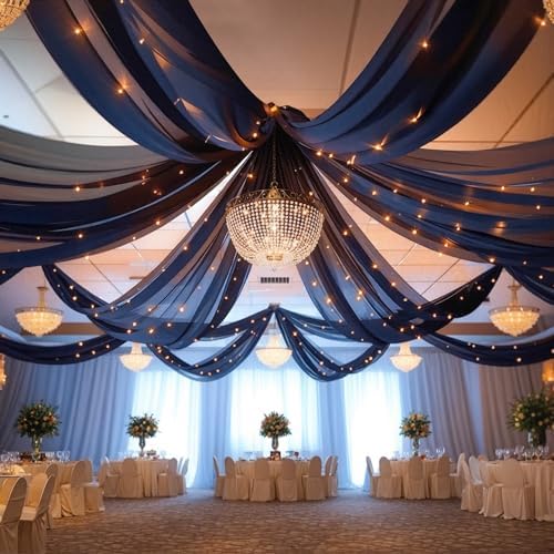 Black Ceiling Drapes with Lights String for Weddings, 6 Panels 5ftx20ft Sheer Tulle Backdrop Photo Background Drapes for Wedding Ceremony Birthday Party Arch Decoration - Image 5