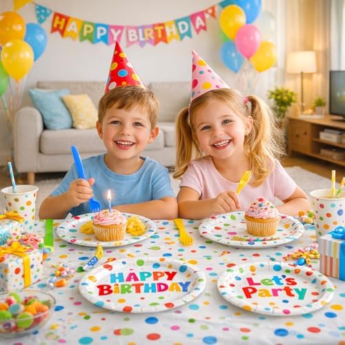 Kinovo 96 Pcs Happy Birthday Paper Plates Tableware Set (Serves 24), Birthday Dots Dots Design Supplies Set Include Plates Napkins Forks for Party - Image 7