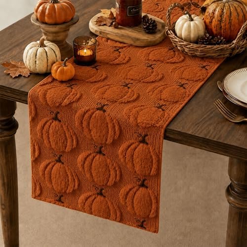 Fall Table Runner 13x90 Inch Soft Plush Faux Fur Jacquard Rust Pumpkin Table Runner, Seasonal Autumn Kitchen Dining Table Decoration for Home Party Decor ZR010B90 - Image 2