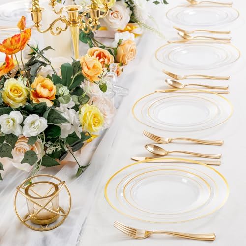 I00000 102 Pcs Clear Gold Plastic Plates, Premium Disposable Party Plates - Image 6