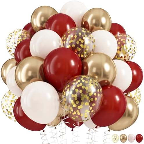 Burgundy and Gold Balloons, 60Pcs Burgundy Maroon Wine Dark Red White Metallic Gold Nude Balloons with Confetti Balloons for Girls Birthday Graduation Bridal Shower Wedding Party Decorations Supplies by HILAVO