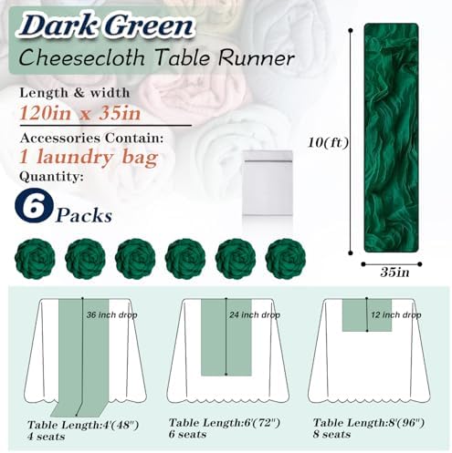 Dark Green Cheesecloth Table Runner 6 Pack 35" Boho Gauze 120 inches Long Runner Rustic Sheer Fabric Bulk for Baby Shower Wedding Bridal Birthday Party Table Decorations - Image 2