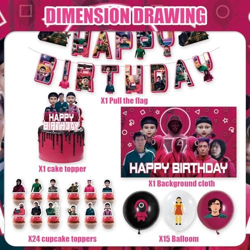 42Pack Squid Game Birthday Party Supplies Pack Includes，Banner，Cake Topper，Blackdrop, for party supplies - Image 3