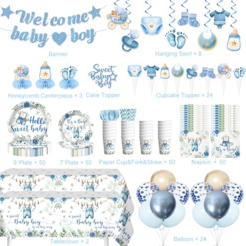 Cocomigo 371Pcs Blue Baby Boy Shower Decorations Tableware Set, Serves 50 - Image 2