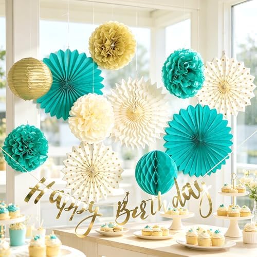 SUNBEAUTY Teal and Gold Party Decorations Teal Birthday Decorations for Women Teal Blue Hanging Paper Fans Tissue Pom Poms Happy Birthday Banner for Baby Showers Wedding Engagement Party - Image 5
