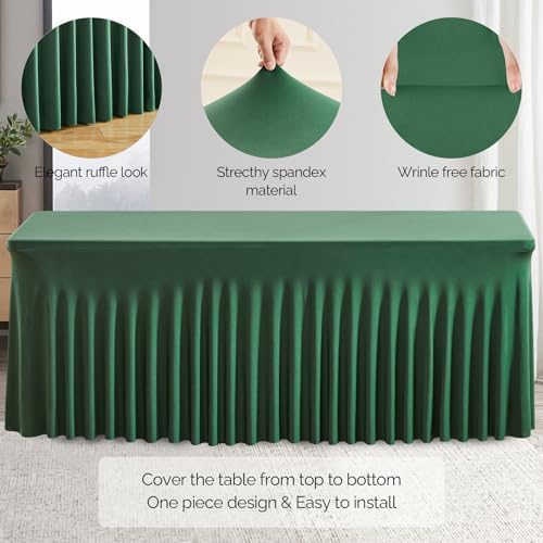 Wish Care 2 Pack Hunter Green Stretch Spandex Table Clothes for 8 Foot Rectangle Tables, 8FT Wrinkle Free Fitted Tablecloths Ruffles Design Table Cover for Party, Banquet, Wedding and Events - Image 2