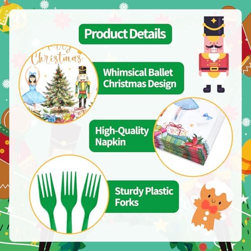 96 Pieces Christmas Ballet Party Tableware Set – Festive Disposable Dinnerware with Paper Plates, Napkins, and Plastic Forks – Winter Fairy Tale Theme for Christmas Birthdays Parties – Serves 24 - Image 3