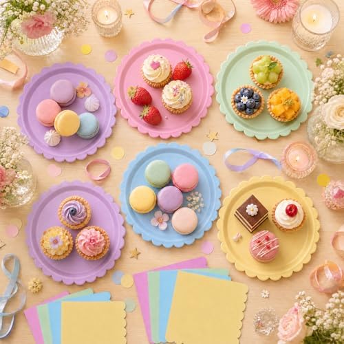 75 Pcs Paper Plates and Napkins, Pastel Party Plates Scalloped Paper Plates with Napkins, Macaron Color Disposable Tableware for Birthday Party, Baby Shower, Bridal Shower, Tea Party - Image 3