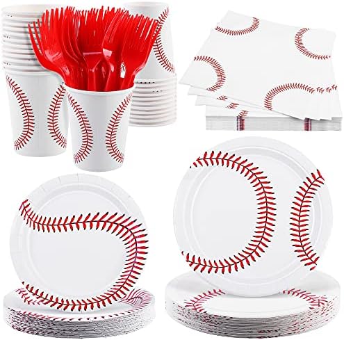 durony 144 Pieces Baseball Paper Plates and Napkins Dinnerware Set Baseball Birthday Party Tableware Supplies Includes Paper Plates Napkins Forks Serve 24 for Sports Baseballs Party Supplies by durony