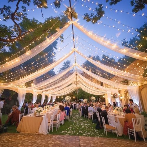 Dark Champagne Ceiling Drapes with Lights String for Weddings, 6 Panels 5ftx30ft Sheer Tulle Backdrop Photo Background Drapes for Wedding Ceremony Birthday Party Arch Decoration - Image 6