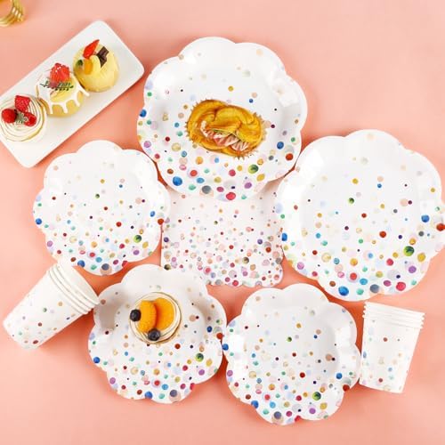 Colorful Birthday Plates and Napkins 350PCS Confetti Colorful Paper Plates Happy Birthday Disposable Tableware Set Serve 50 for Art Paint Party Supplies Bubble Decorations - Image 5