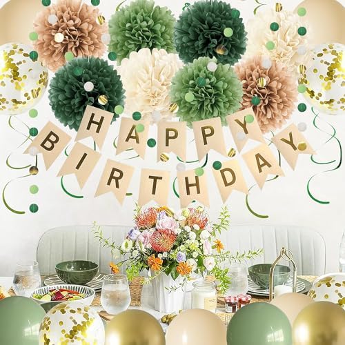 Green Birthday Party Decorations for Women Girls with Happy Birthday Banner,Tissue Paper Pompoms, Paper Tassel,Circle Garland,Hanging Swirl,Decorations Balloons for Party Decor (sage green) - Image 4