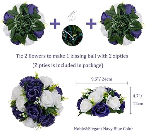 BLOSMON Navy Blue Rose Flowers: 2 Pcs Fake Floral Balls Centerpiece for Wedding Table Centerpieces - Artificial Silk Kissing Bouquet Flower Arrangement for Home Party Event Decor - Image 4