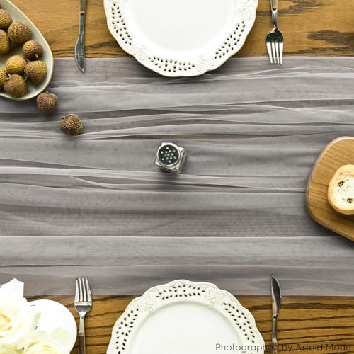 Artoid Mode 3PCS Grey Gauze Table Runner 120 Inch 10FT, Seasonal Sheer Kitchen Dining Holiday Wedding Birthday Baby Shower Table Decor for Home Party - Image 2