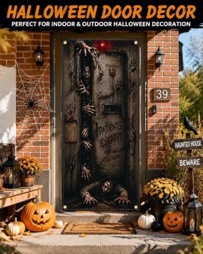 Halloween Haunted Asylum Door Banner 35.4 x 78.7 Inch Polyester Door Cover, Horror Patient Room Entrance Decoration for Front Door Porch Entryway, Halloween Home Decor - Image 5